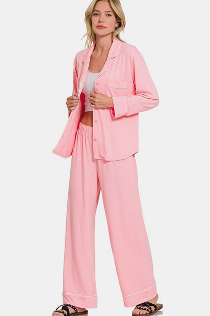 Zenana Button Down Long Sleeve Top and Pants Lounge Set