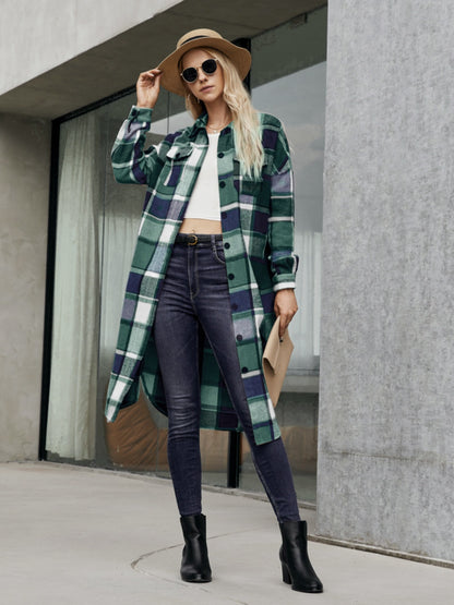 Plaid Pocketed Button Up Trench Coat - Tote and Lounge