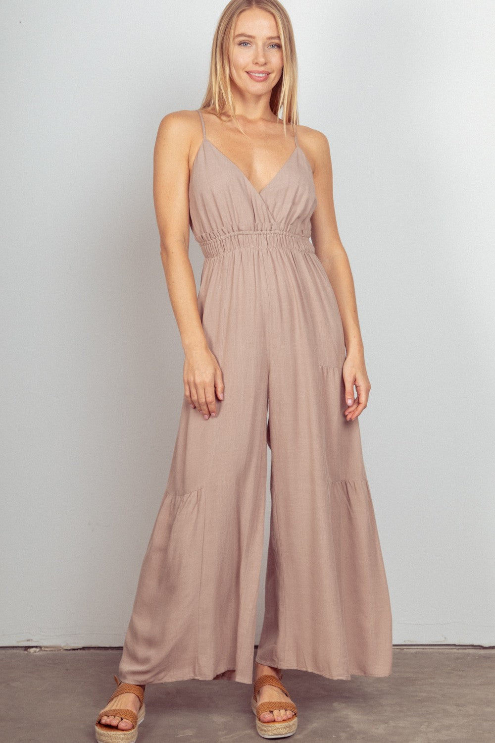 VERY J Sleeveless Ruched Wide Leg Jumpsuit - Tote and Lounge