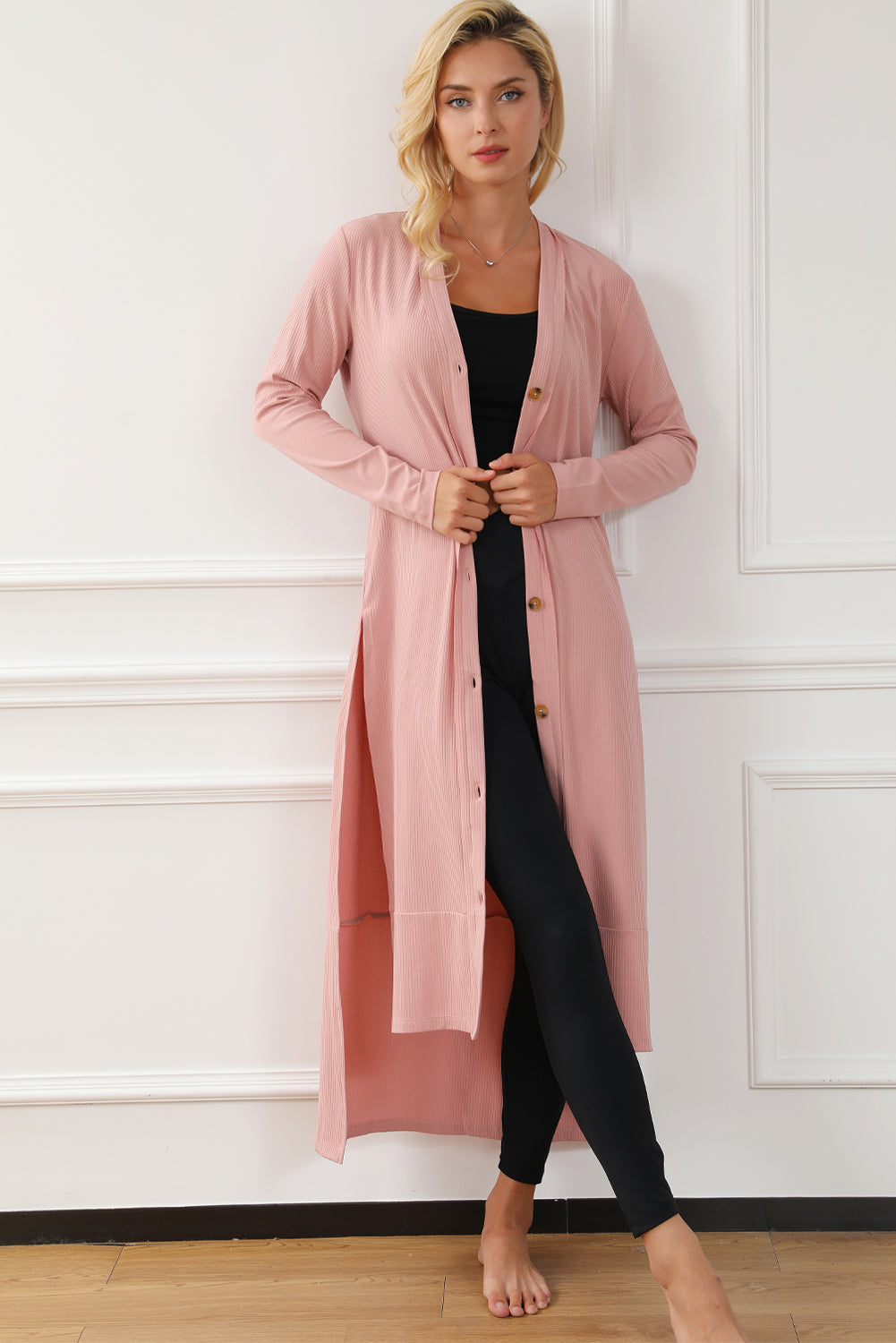 Button Up High-Low Long Sleeve Slit Cardigan - Tote and Lounge