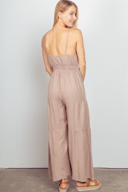 VERY J Sleeveless Ruched Wide Leg Jumpsuit - Tote and Lounge