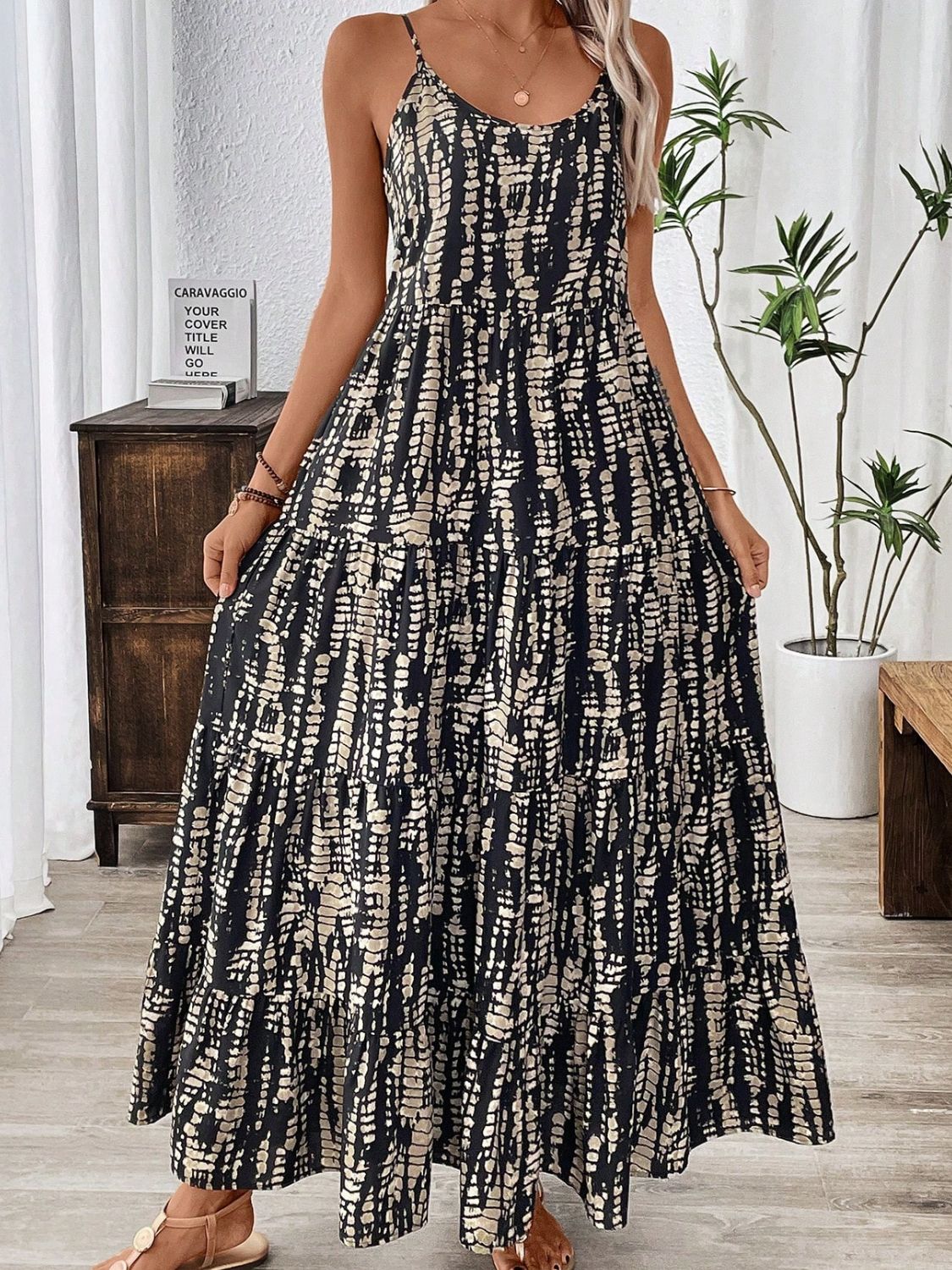 Printed Scoop Neck Maxi Cami Dress - Tote and Lounge