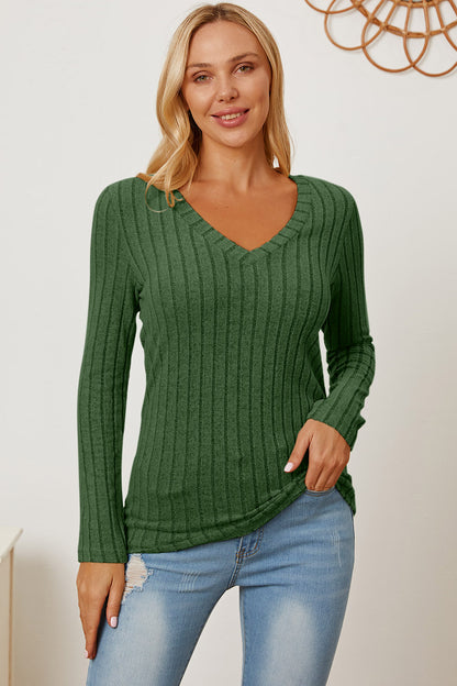 Basic Bae Full Size Ribbed V-Neck Long Sleeve T-Shirt - Tote and Lounge