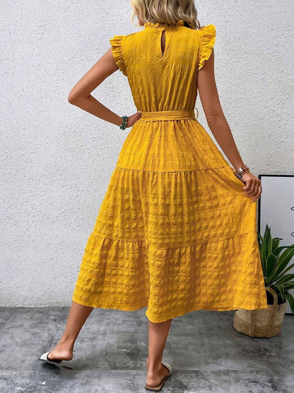 Tied Ruffled Cap Sleeve Midi Dress - Tote and Lounge