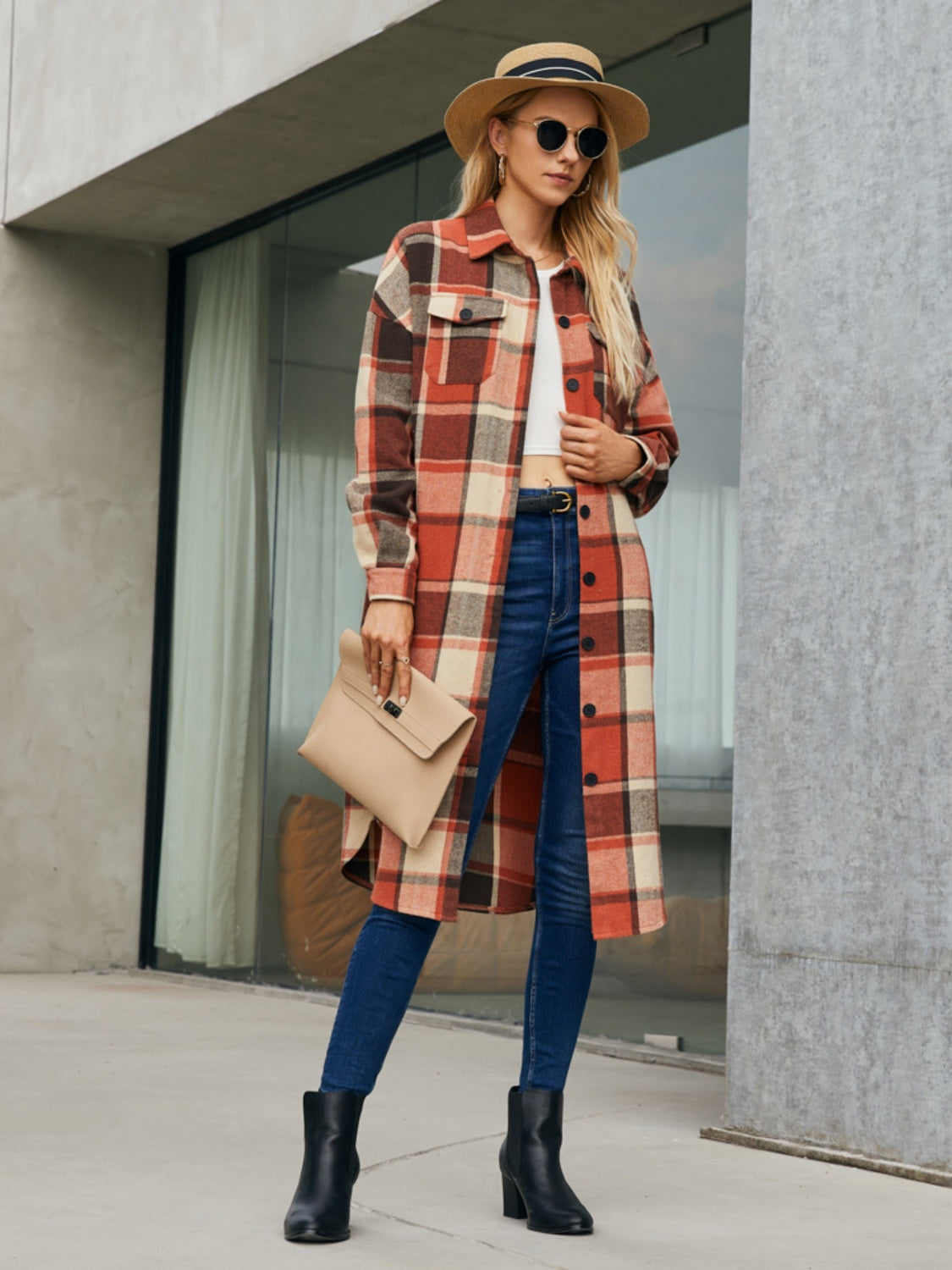 Plaid Pocketed Button Up Trench Coat - Tote and Lounge