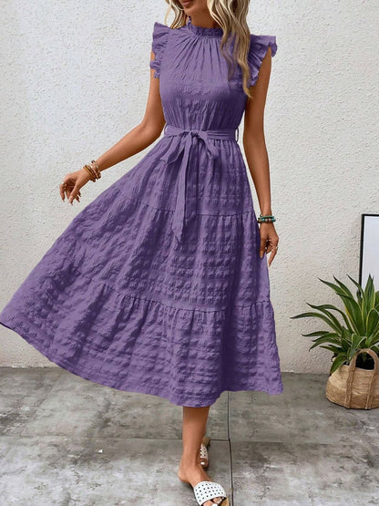 Tied Ruffled Cap Sleeve Midi Dress - Tote and Lounge