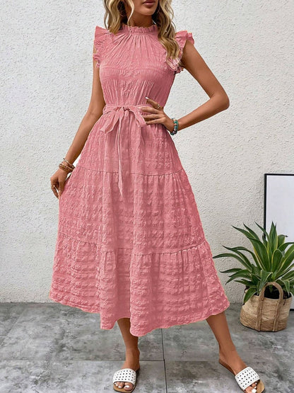 Tied Ruffled Cap Sleeve Midi Dress - Tote and Lounge