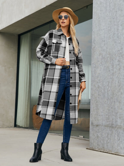 Plaid Pocketed Button Up Trench Coat - Tote and Lounge