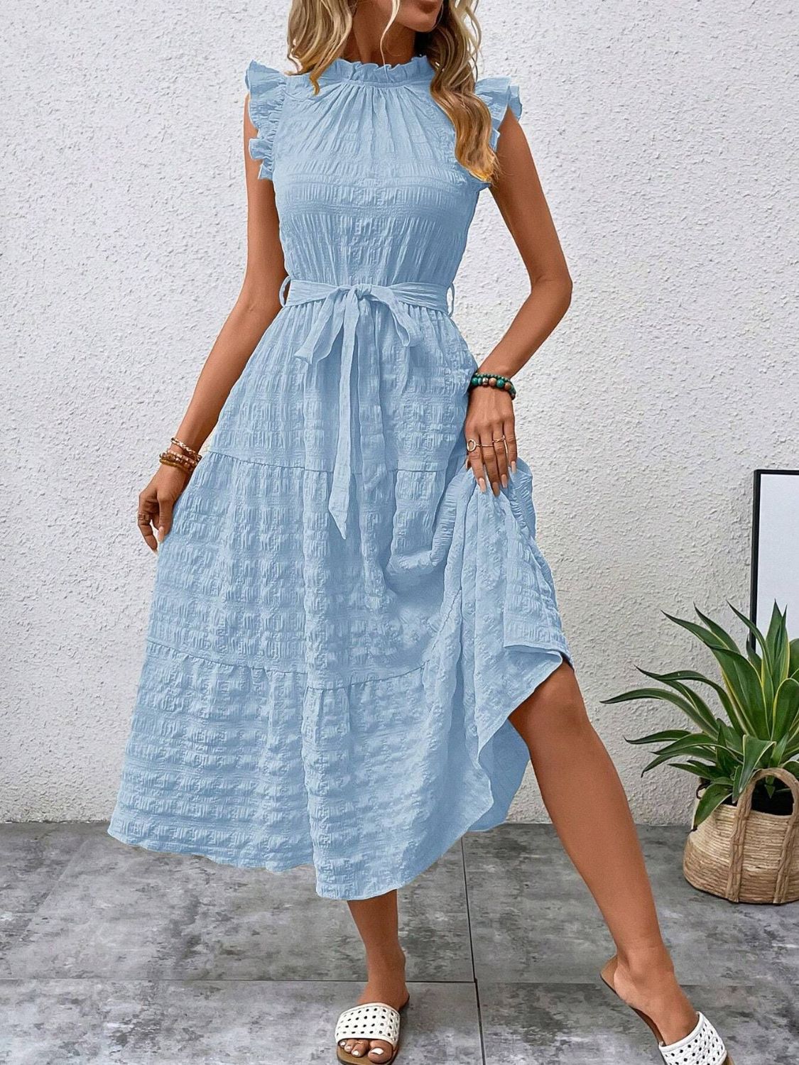 Tied Ruffled Cap Sleeve Midi Dress - Tote and Lounge