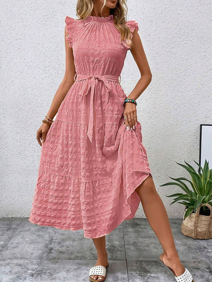 Tied Ruffled Cap Sleeve Midi Dress - Tote and Lounge