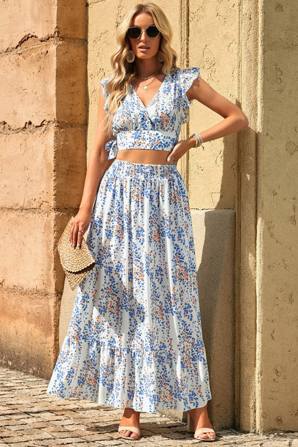 Printed Tie Back Cropped Top and Maxi Skirt Set - Tote and Lounge