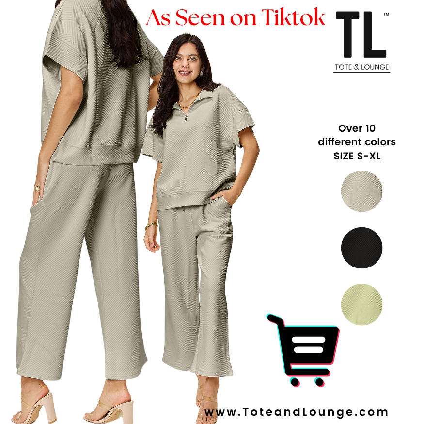 Double Take Full Size Texture Half Zip Short Sleeve Top and Pants Set