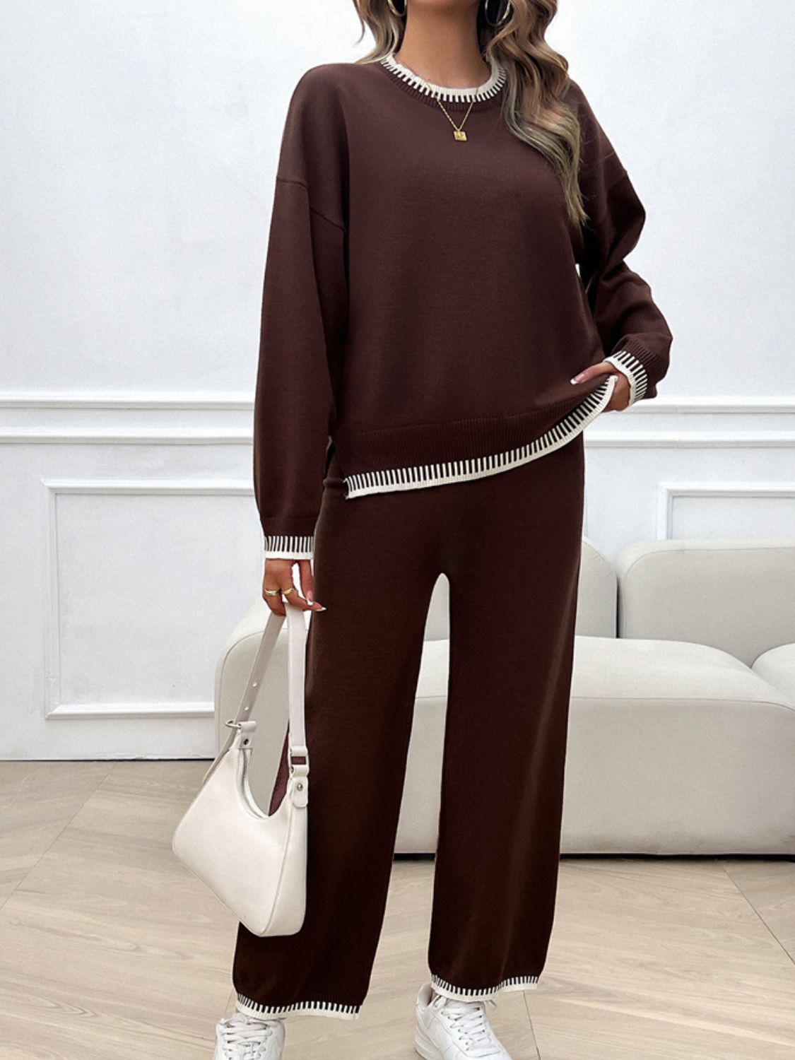 Round Neck Dropped Shoulder Top and Pants Sweater Set - Tote and Lounge