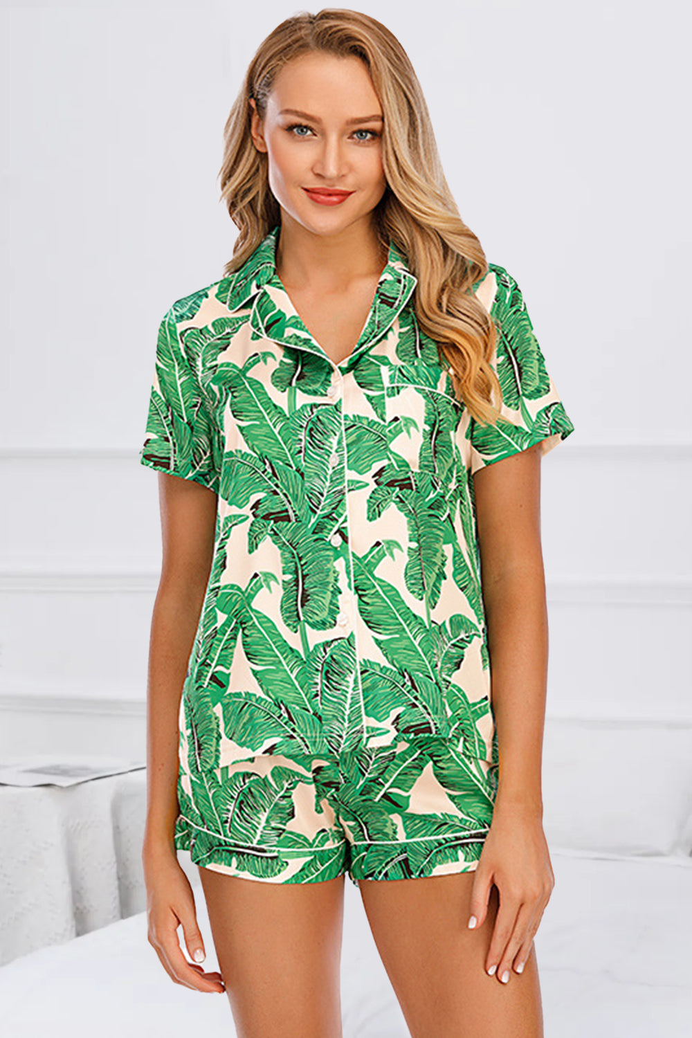 Printed Button Up Short Sleeve Top and Shorts Lounge Set - Tote and Lounge