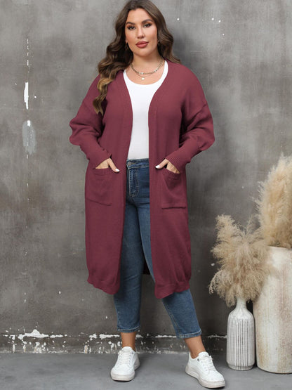 Plus Size Long Sleeve Pocketed Cardigan - Tote and Lounge