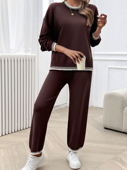 Round Neck Dropped Shoulder Top and Pants Sweater Set - Tote and Lounge