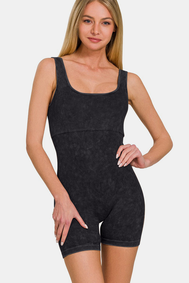 Zenana Washed Ribbed Romper with Pad - Tote and Lounge