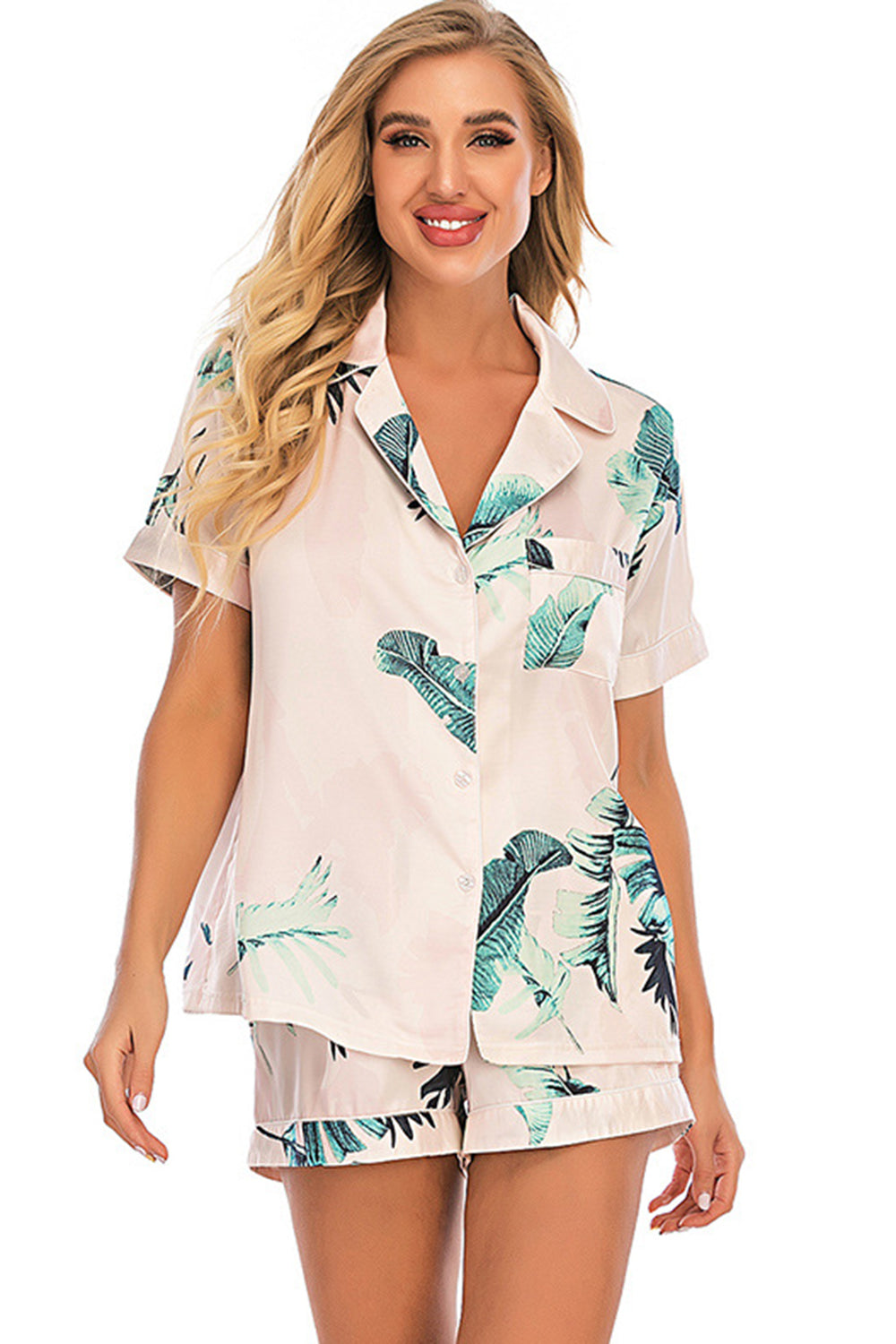 Printed Button Up Short Sleeve Top and Shorts Lounge Set - Tote and Lounge