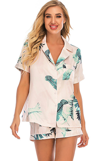 Printed Button Up Short Sleeve Top and Shorts Lounge Set - Tote and Lounge