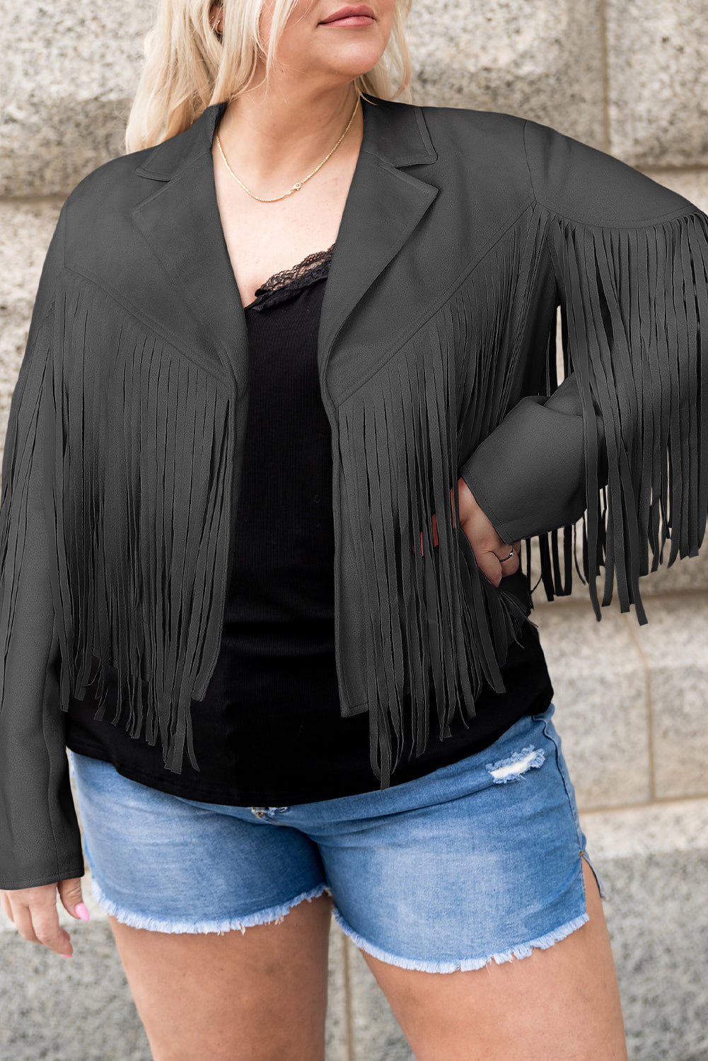 Plus Size Fringe Open Front Jacket - Tote and Lounge