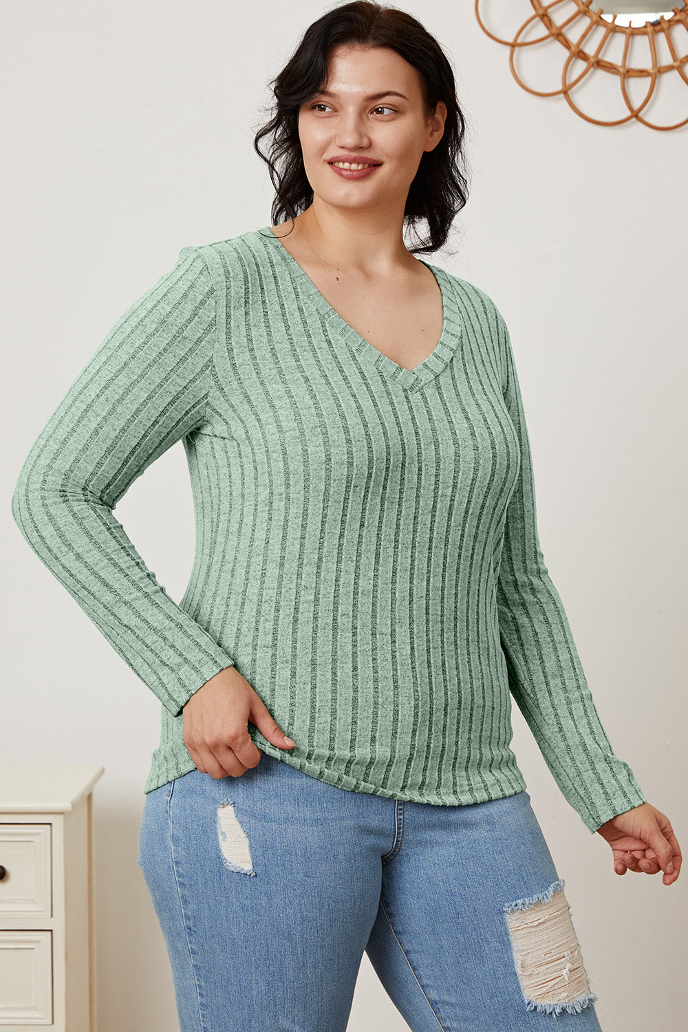 Basic Bae Full Size Ribbed V-Neck Long Sleeve T-Shirt - Tote and Lounge