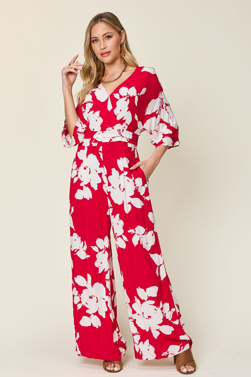 Double Take Full Size Printed Tie Back Wide Leg Jumpsuit