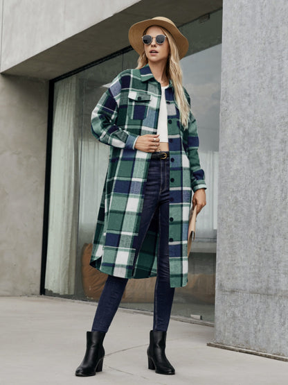 Plaid Pocketed Button Up Trench Coat - Tote and Lounge