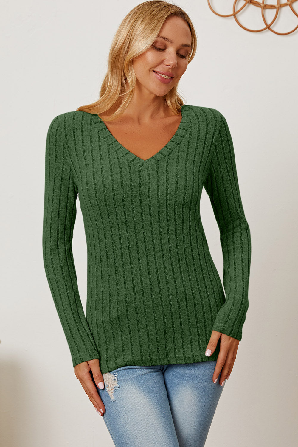 Basic Bae Full Size Ribbed V-Neck Long Sleeve T-Shirt - Tote and Lounge