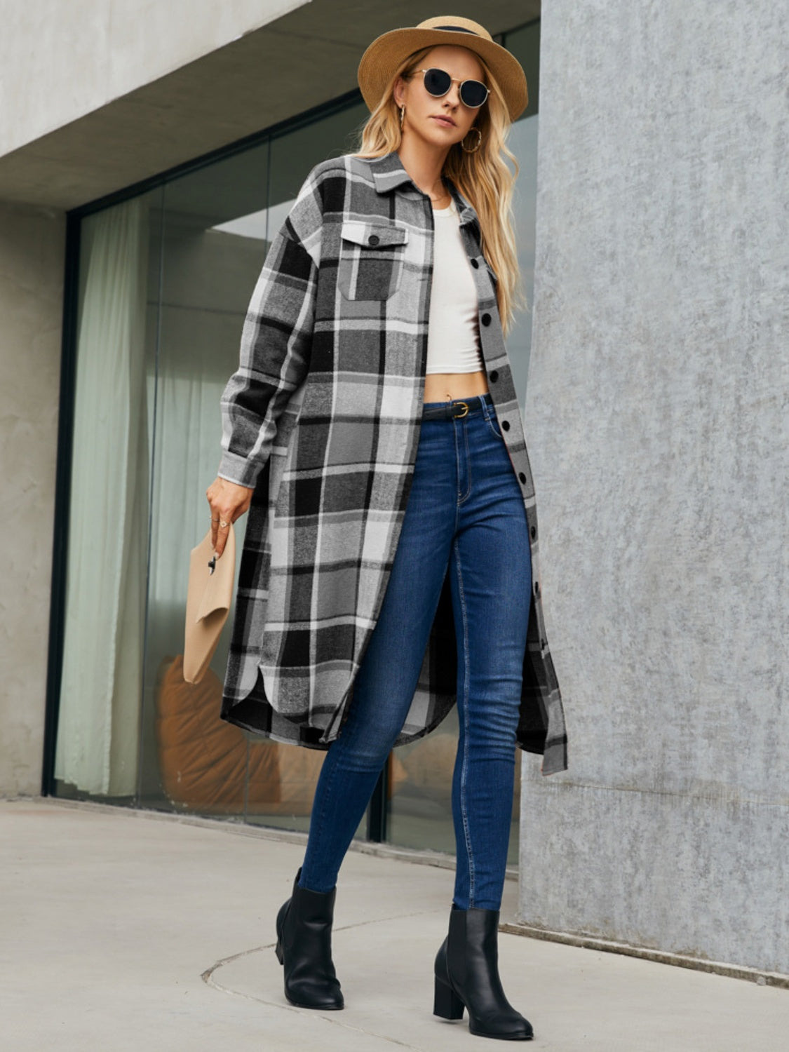 Plaid Pocketed Button Up Trench Coat - Tote and Lounge