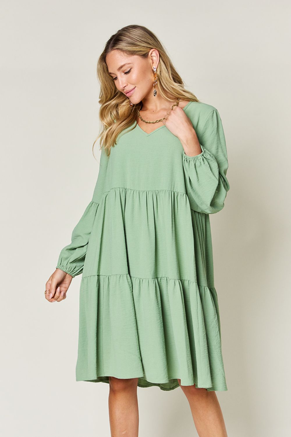 Double Take Full Size V-Neck Balloon Sleeve Tiered Dress with Pockets - Tote and Lounge