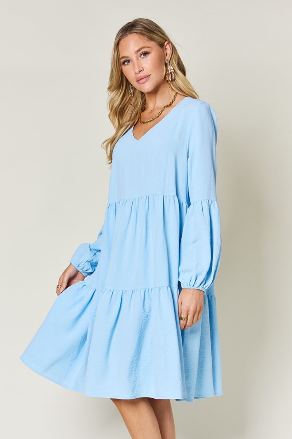 Double Take Full Size V-Neck Balloon Sleeve Tiered Dress with Pockets - Tote and Lounge