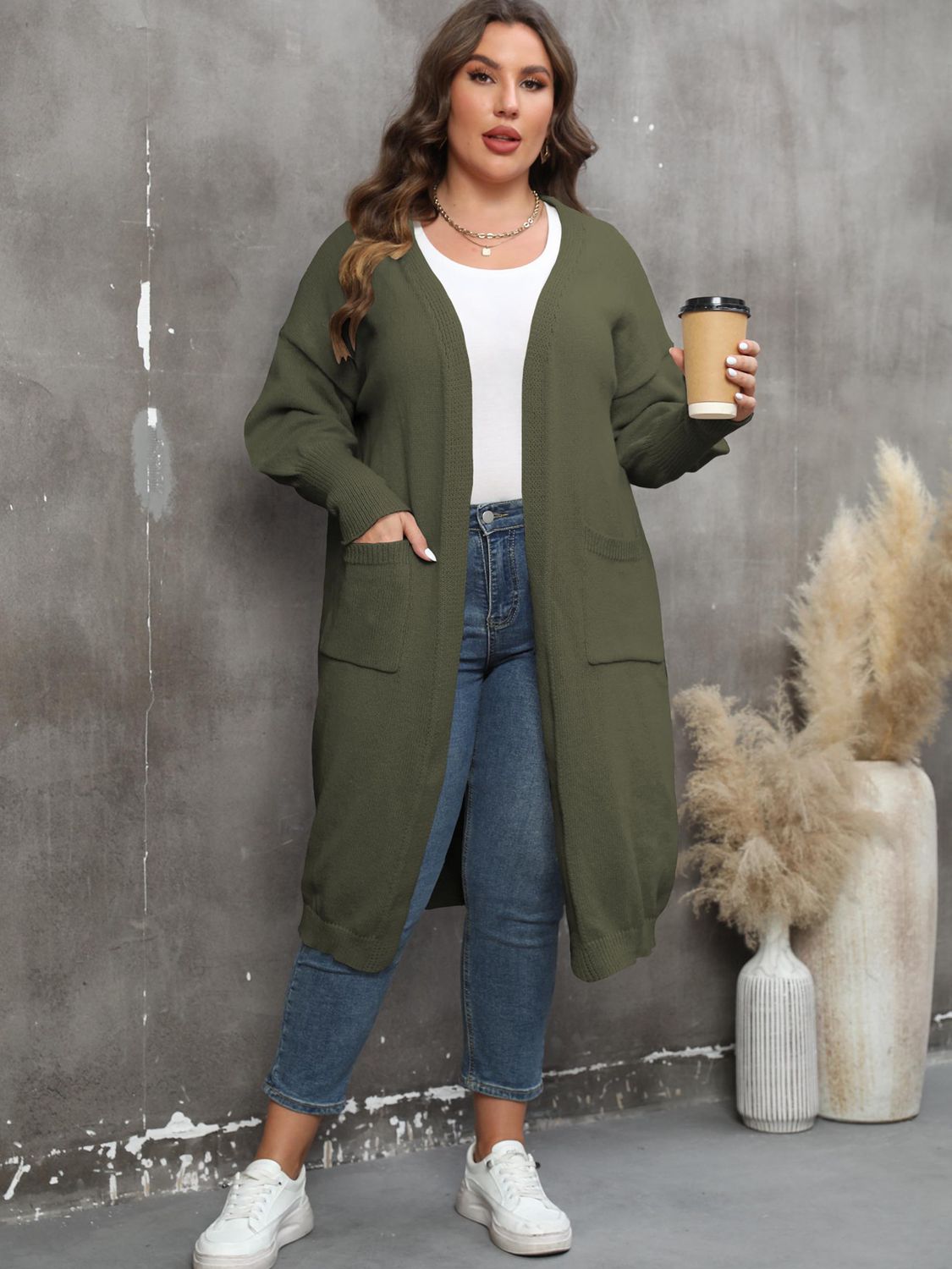 Plus Size Long Sleeve Pocketed Cardigan - Tote and Lounge