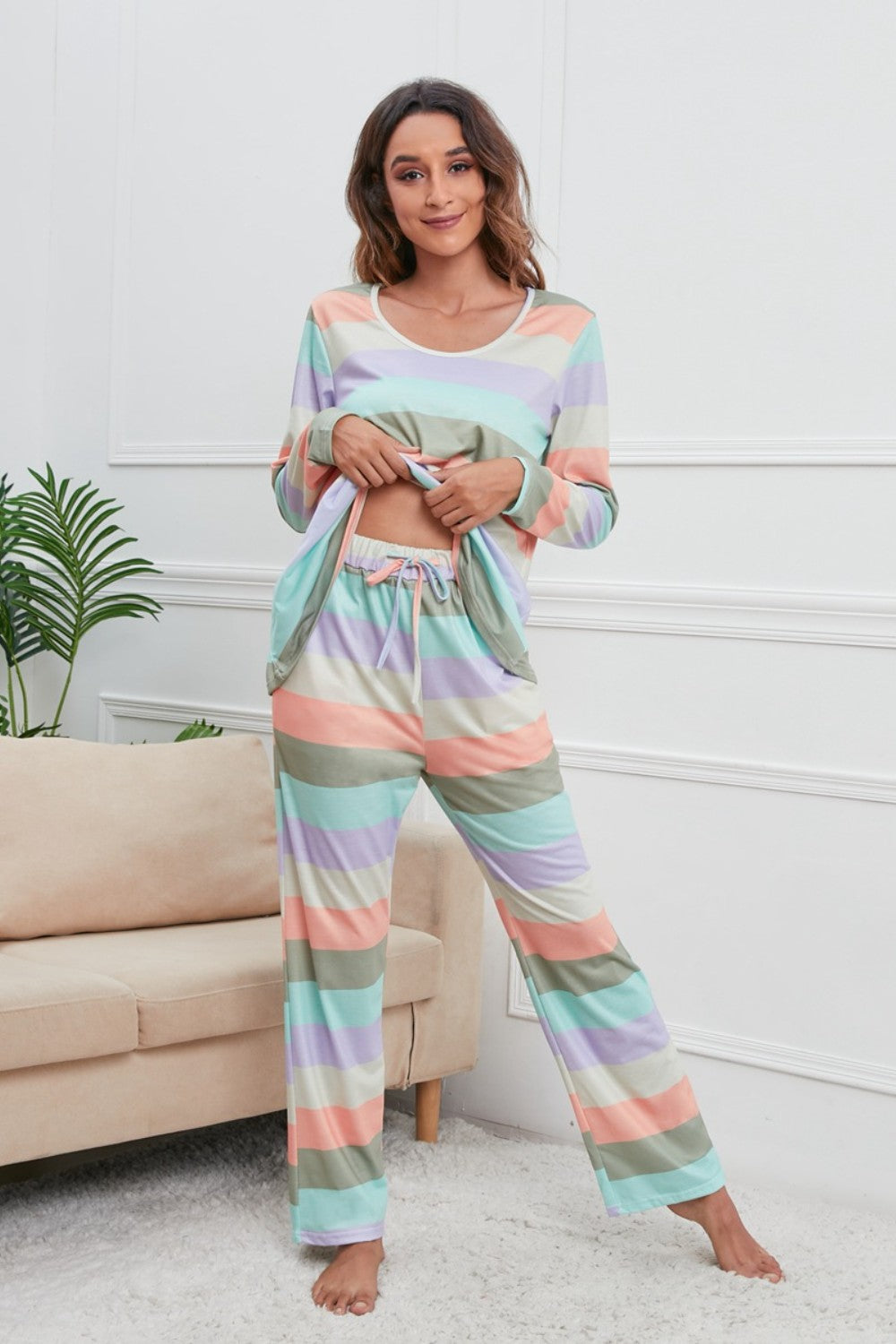 Striped Round Neck Long Sleeve Top and Drawstring Pants Lounge Set - Tote and Lounge