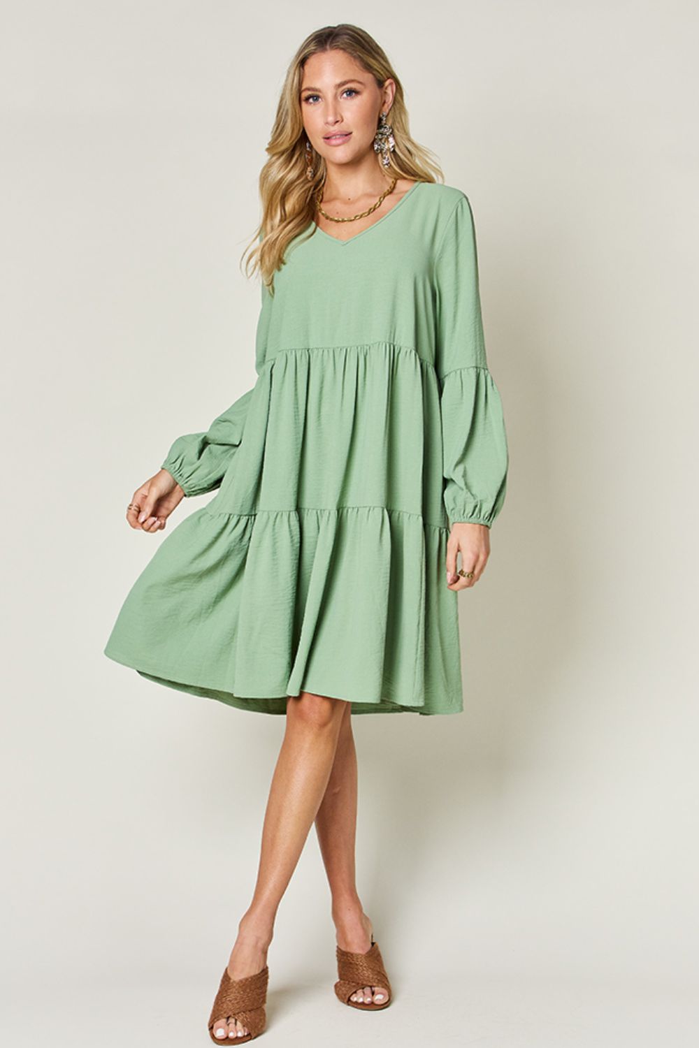 Double Take Full Size V-Neck Balloon Sleeve Tiered Dress with Pockets - Tote and Lounge