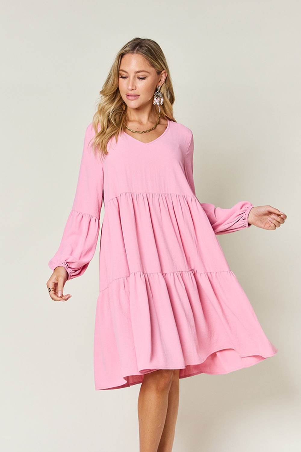 Double Take Full Size V-Neck Balloon Sleeve Tiered Dress with Pockets - Tote and Lounge