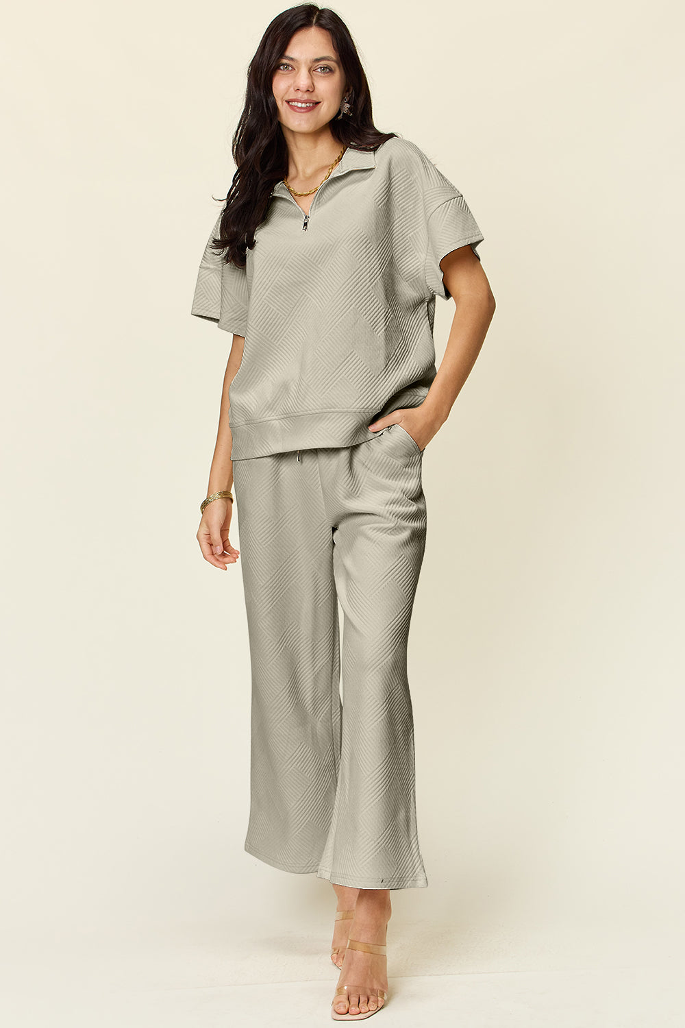 Double Take Full Size Texture Half Zip Short Sleeve Top and Pants Set - Tote and Lounge