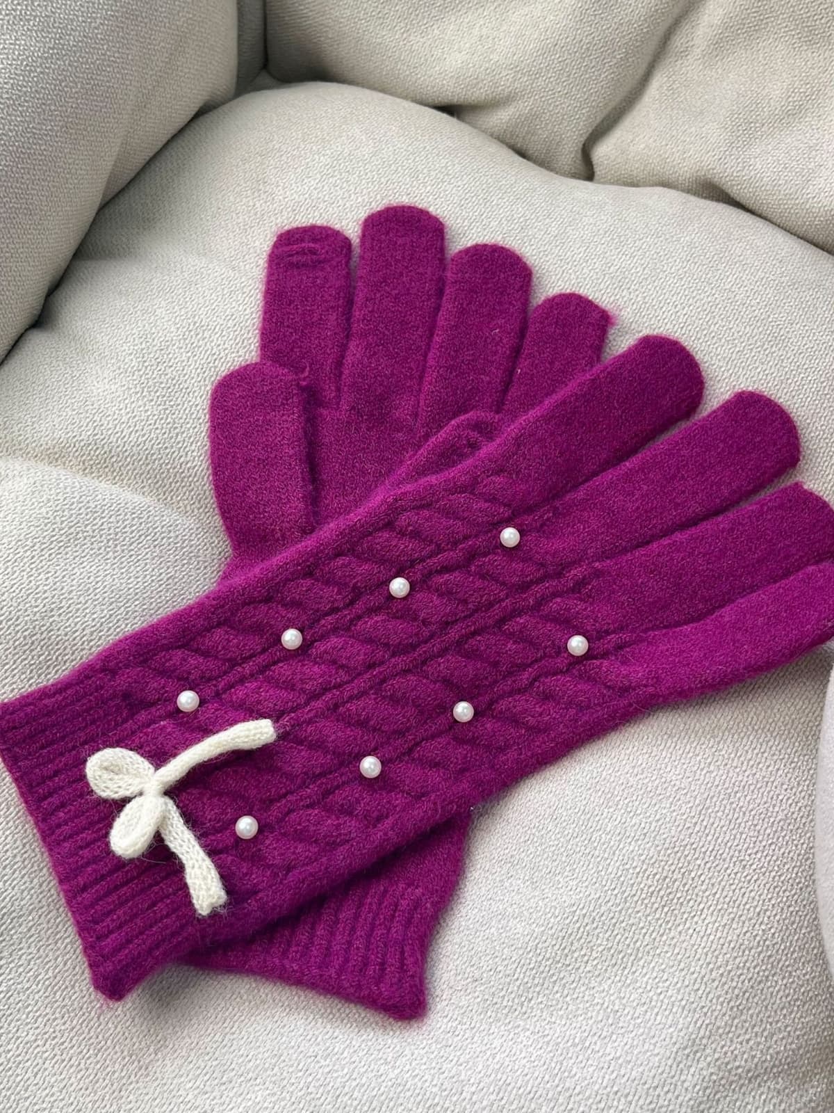 Thermal Pearl Detail Bow Five-Finger Gloves