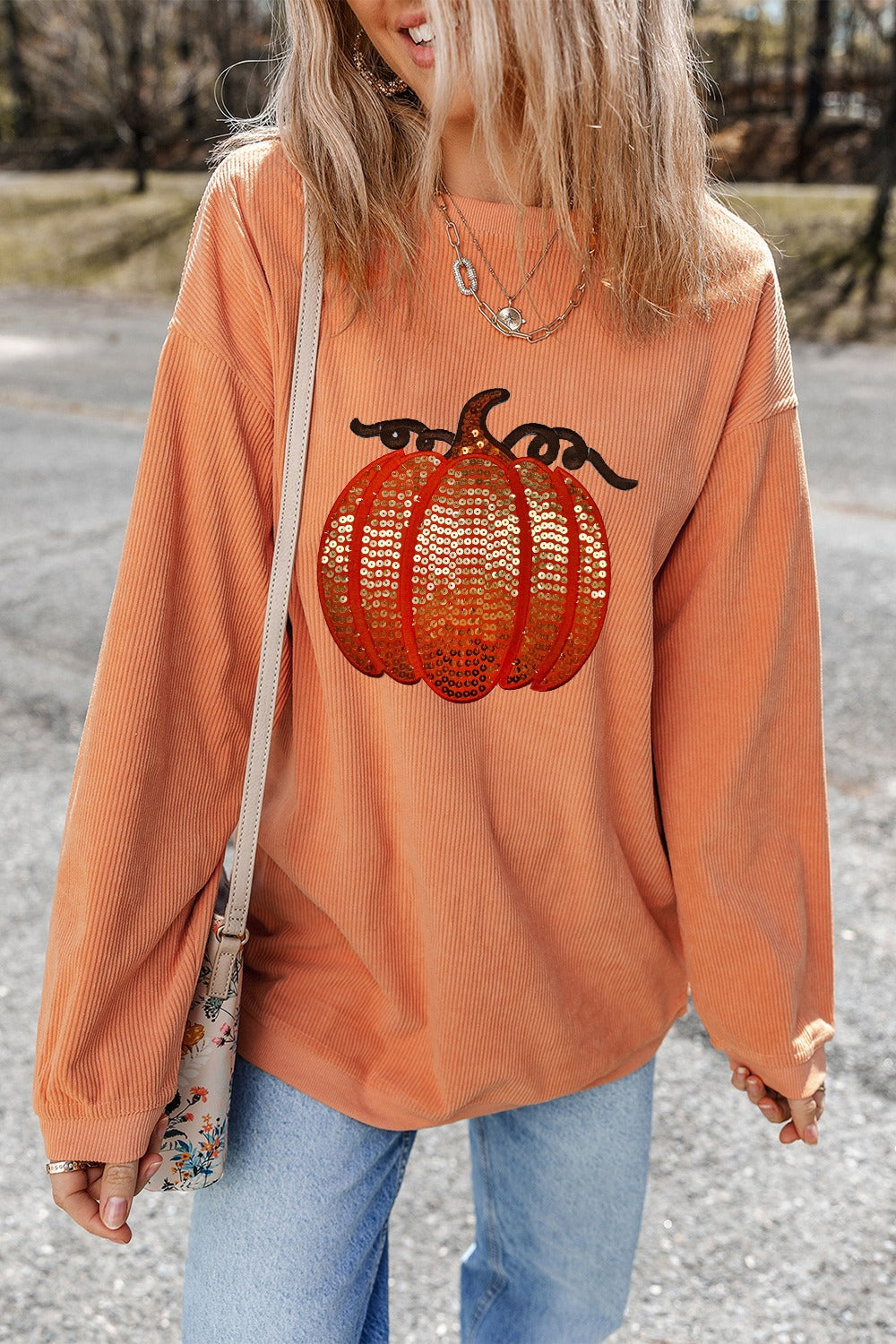 Sequin Pumpkin Round Neck Long Sleeve Sweatshirt - Tote and Lounge