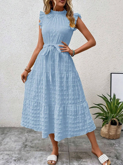 Tied Ruffled Cap Sleeve Midi Dress - Tote and Lounge