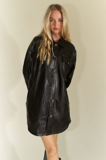 Davi &amp; Dani Faux Leather Button Up Jacket with Chest Pockets