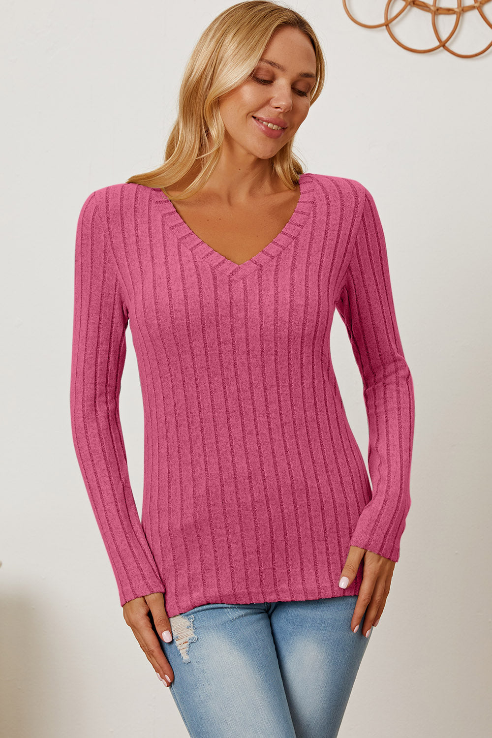 Basic Bae Full Size Ribbed V-Neck Long Sleeve T-Shirt - Tote and Lounge