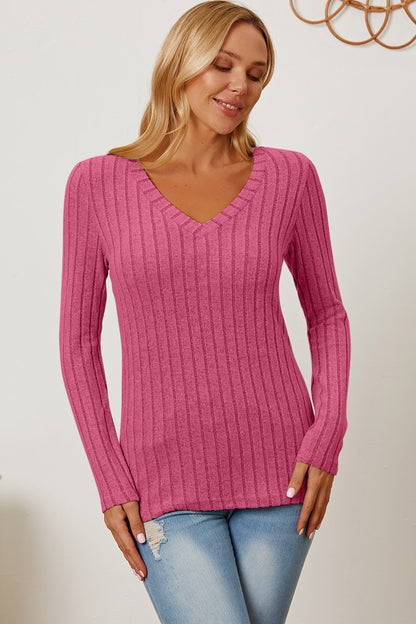 Basic Bae Full Size Ribbed V-Neck Long Sleeve T-Shirt - Tote and Lounge