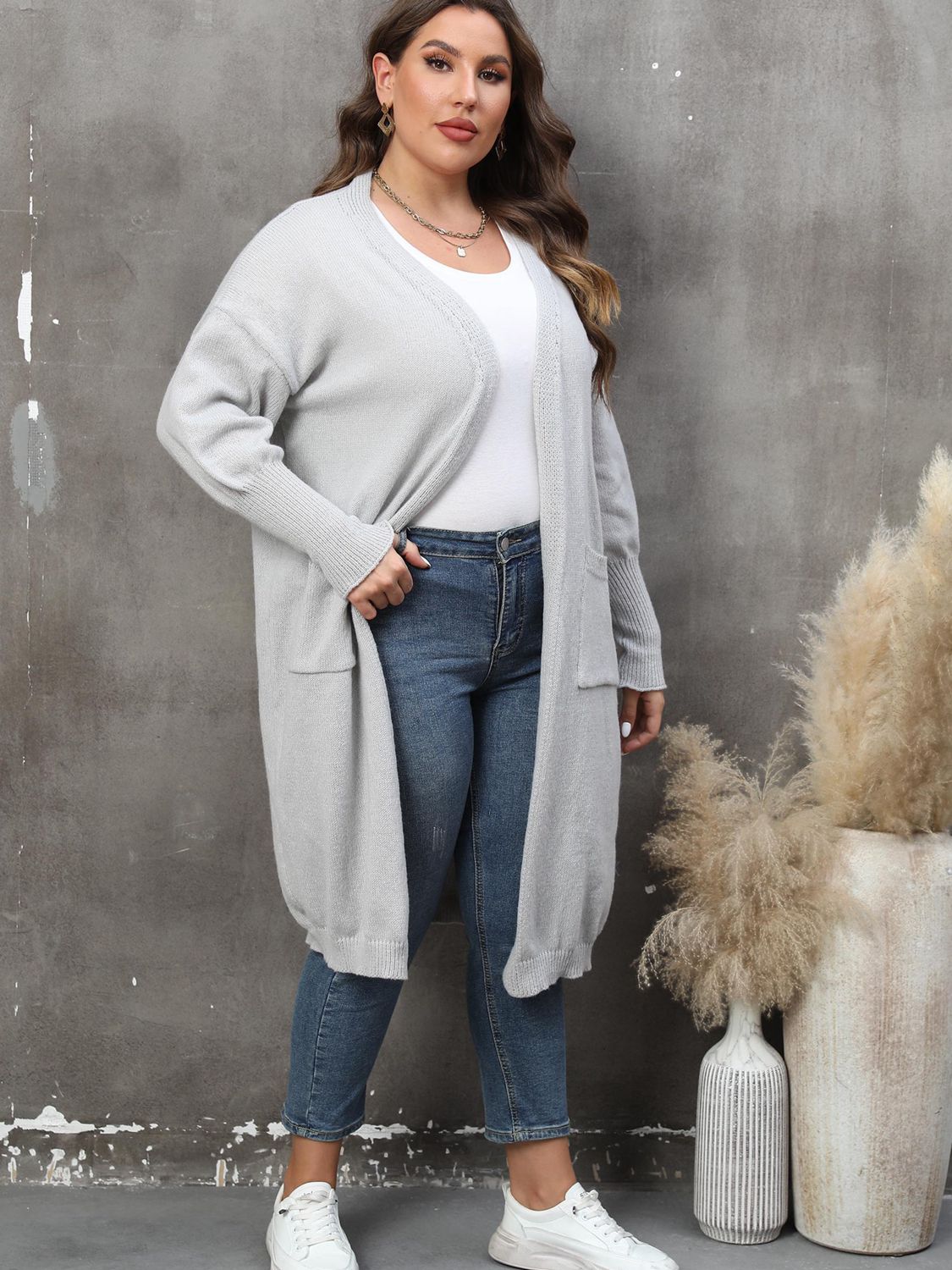 Plus Size Long Sleeve Pocketed Cardigan - Tote and Lounge