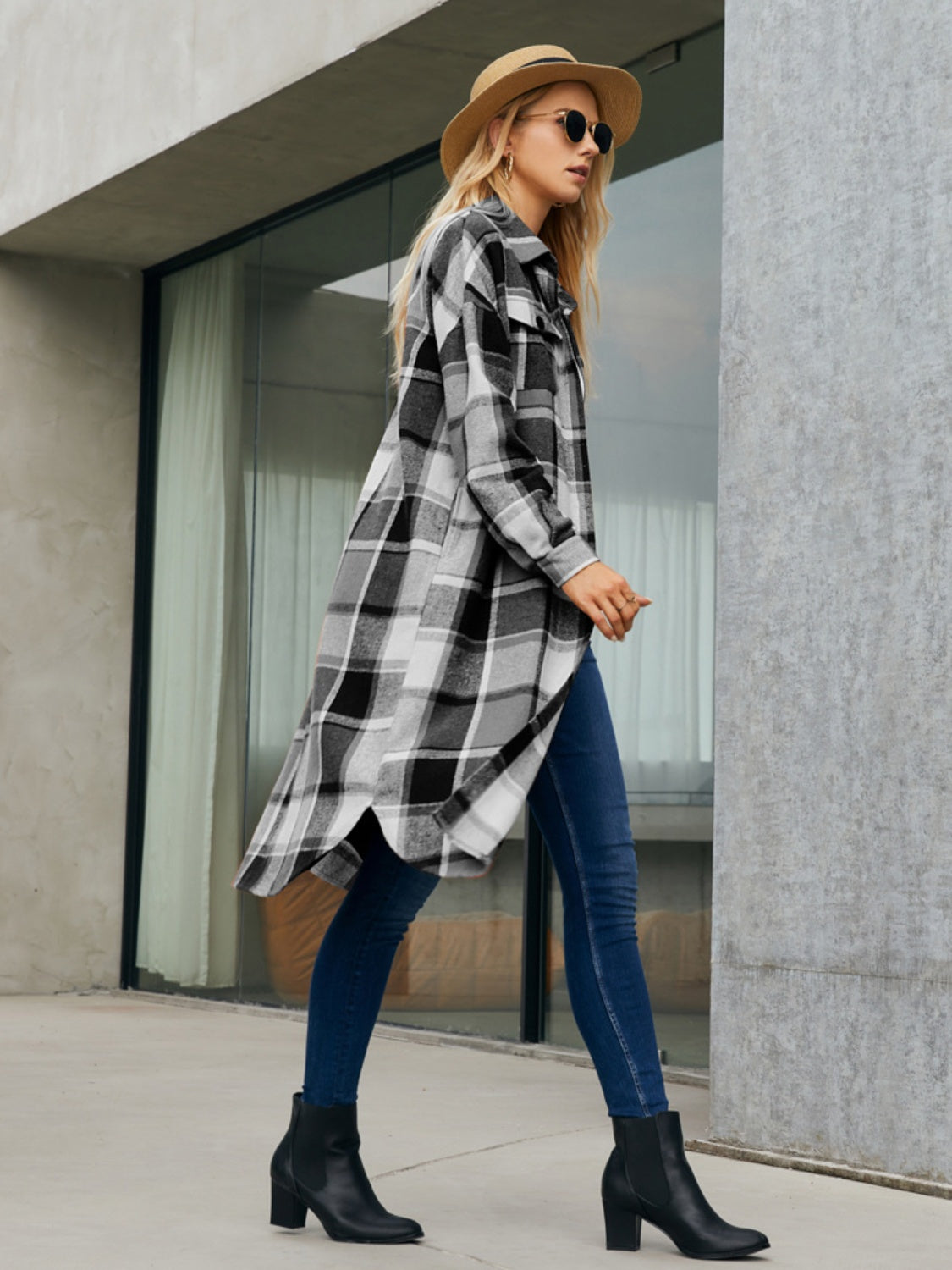 Plaid Pocketed Button Up Trench Coat - Tote and Lounge