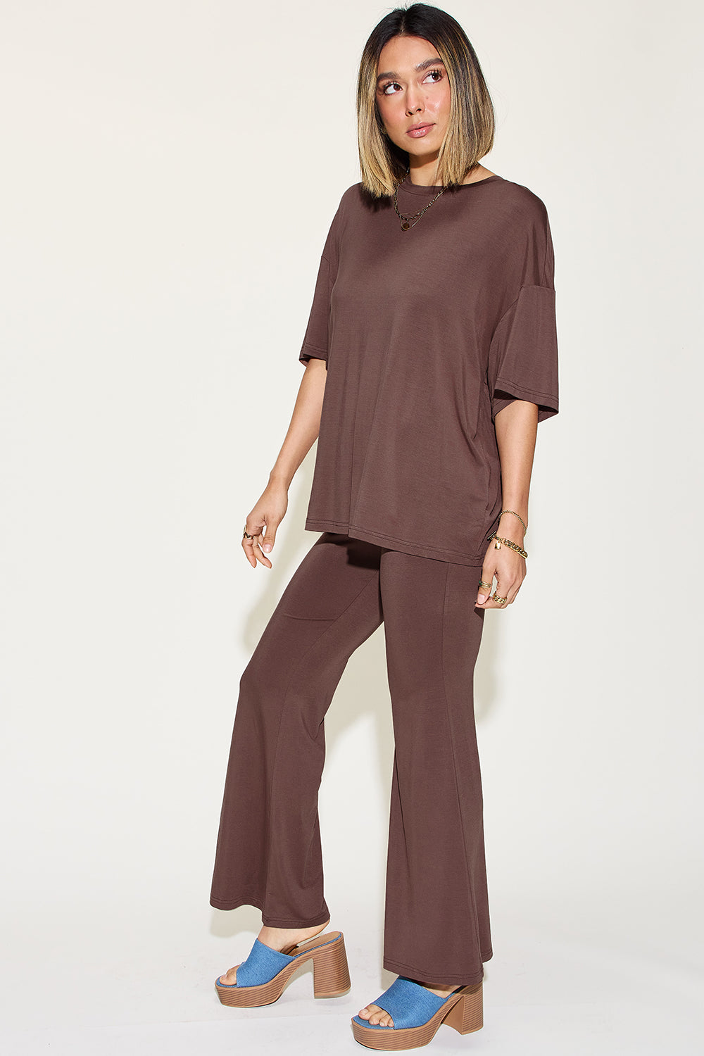 Basic Bae Full Size Bamboo Drop Shoulder T-Shirt and Flare Pants Set - Tote and Lounge