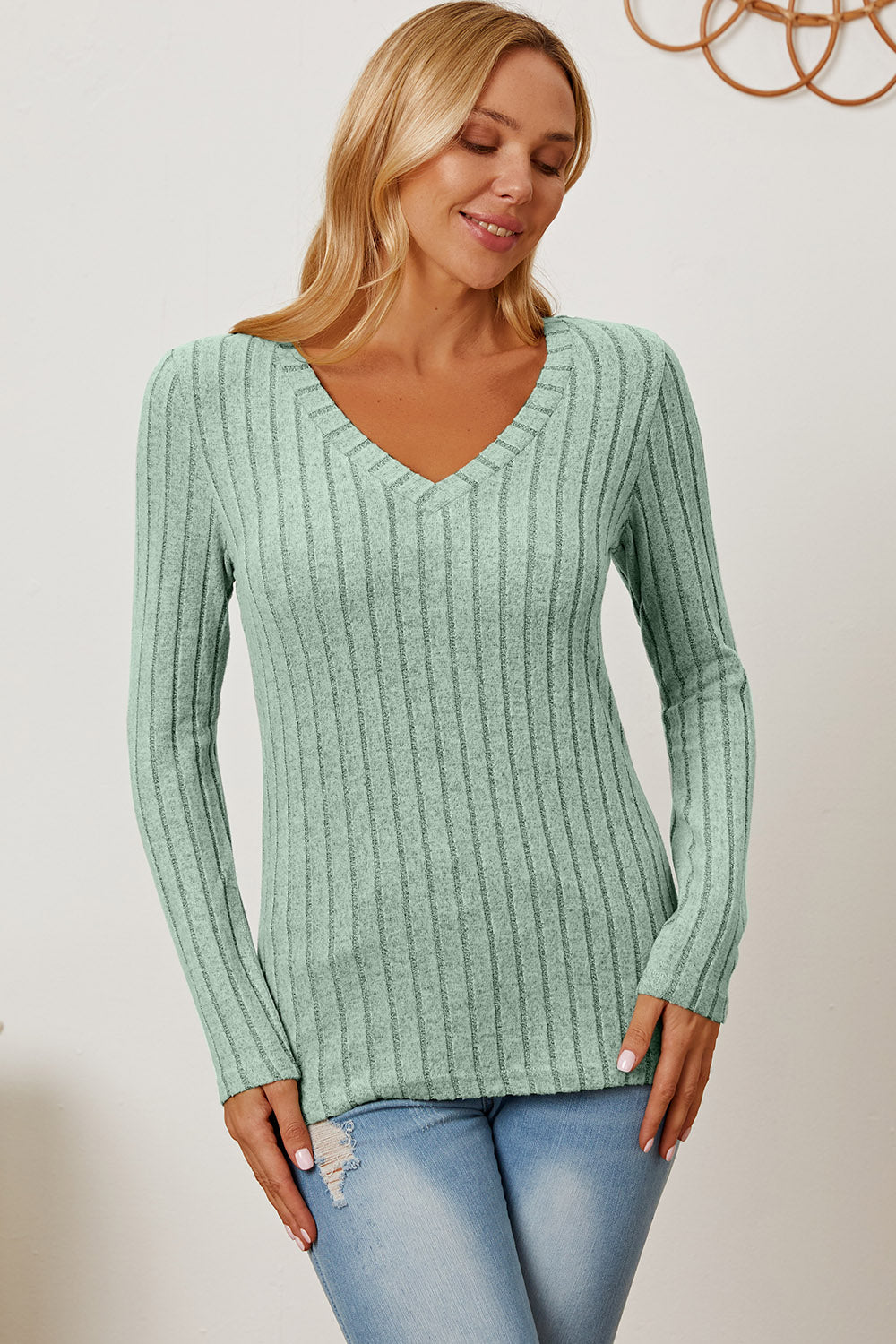 Basic Bae Full Size Ribbed V-Neck Long Sleeve T-Shirt - Tote and Lounge