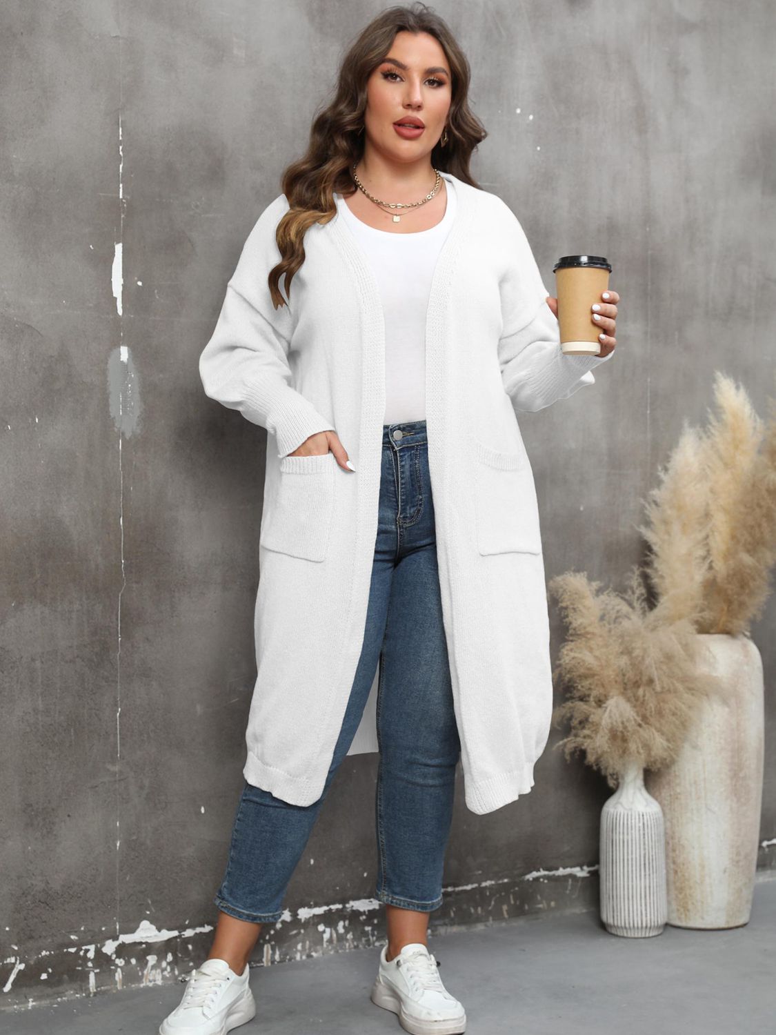 Plus Size Long Sleeve Pocketed Cardigan - Tote and Lounge