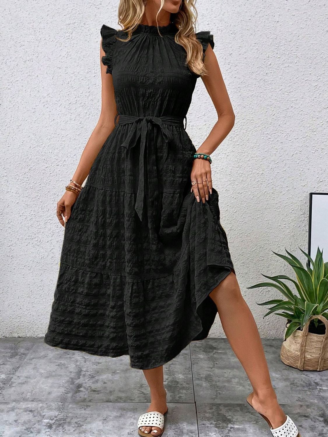 Tied Ruffled Cap Sleeve Midi Dress - Tote and Lounge