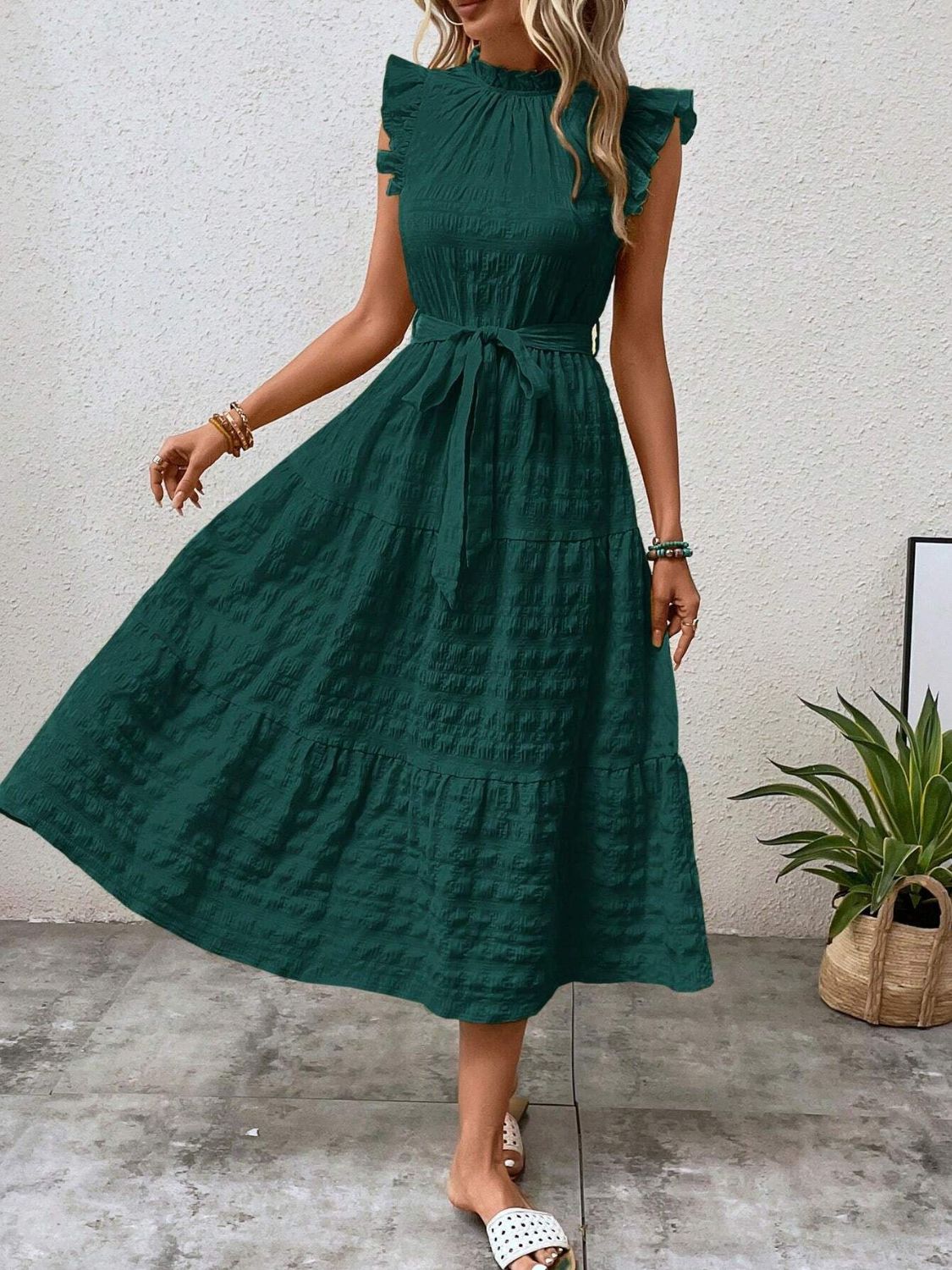 Tied Ruffled Cap Sleeve Midi Dress - Tote and Lounge