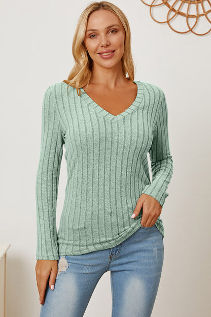 Basic Bae Full Size Ribbed V-Neck Long Sleeve T-Shirt - Tote and Lounge